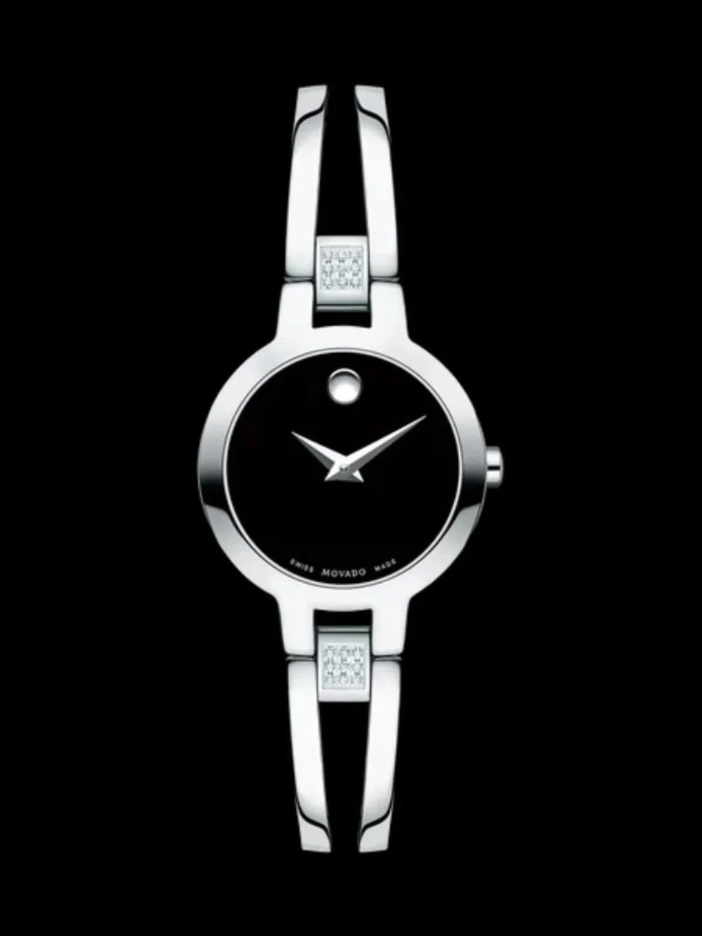 BRAND NEW Movado Amorosa Diamond Silver Tone Black Dial Watch w/Box (SRP $995)